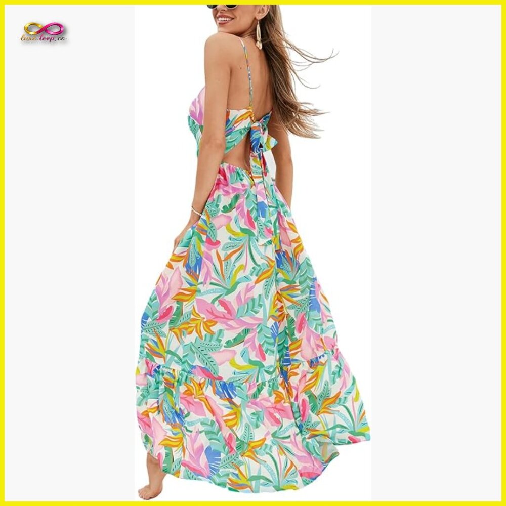 Maxi Dress Floral Print V Neck Sleeveless Elegant Summer Casual Adjustable